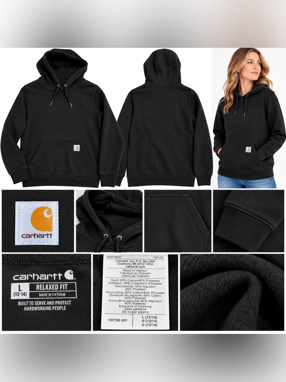 Carhartt Women’s L Black Relaxed Fit Pullover Hoodie Sweatshirt